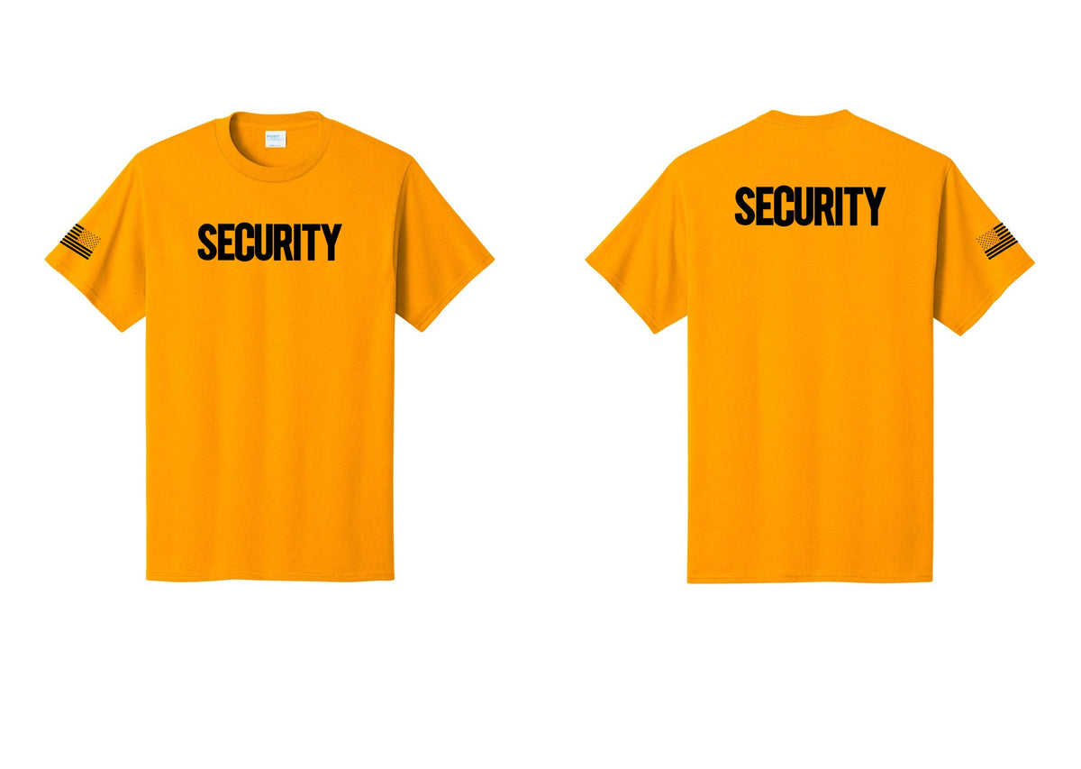 NYC Factory Men's Security Cotton T-Shirt - Front + Back + US Flag Sleeve - Gold