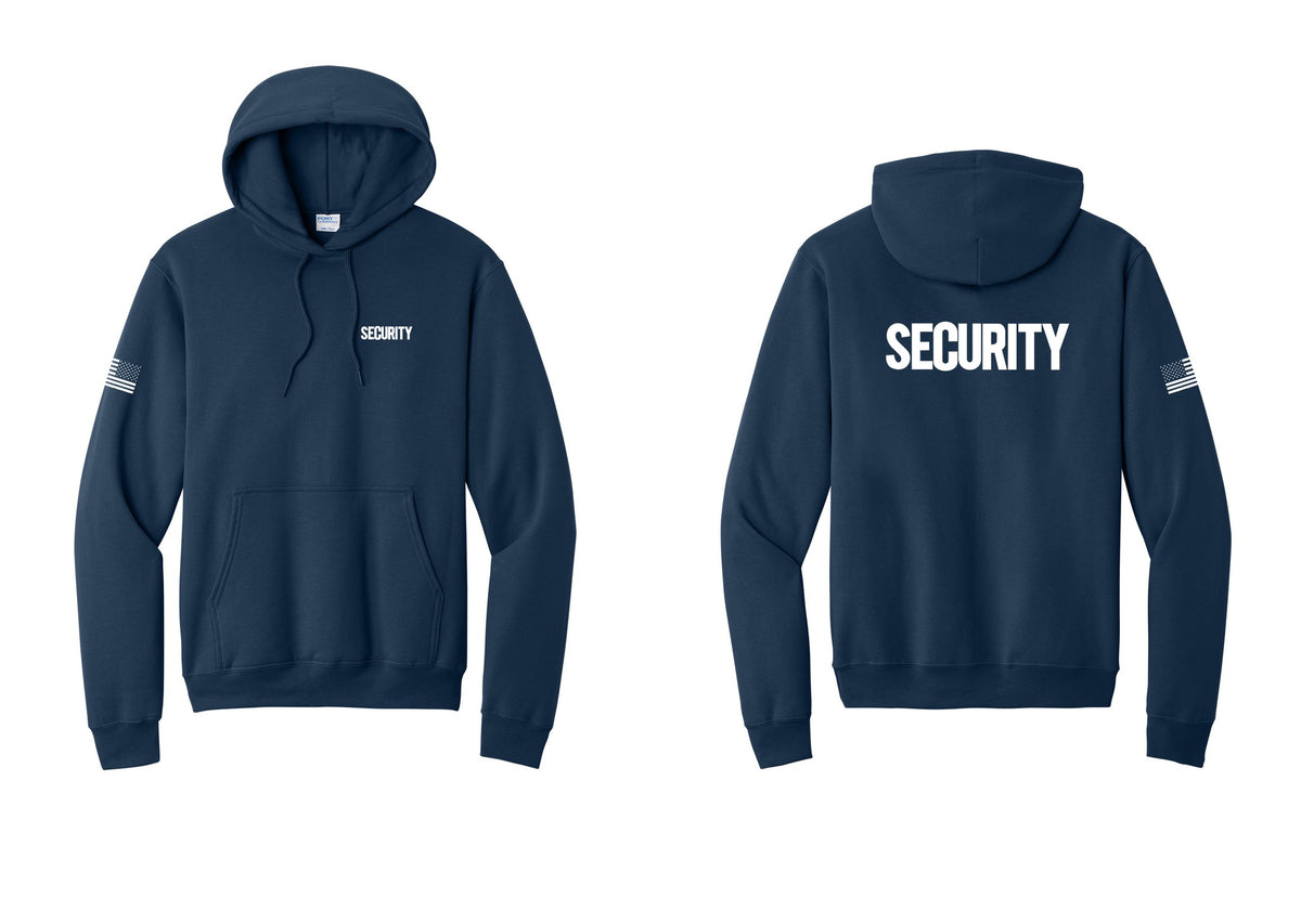 NYC Factory Security Cotton Fleece Pullover Hoodie (Bold) - Chest + Back + US Flag Sleeve - Navy