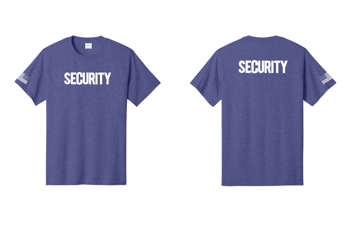 NYC Factory Men's Security Cotton T-Shirt - Front + Back + US Flag Sleeve - Heather Purple
