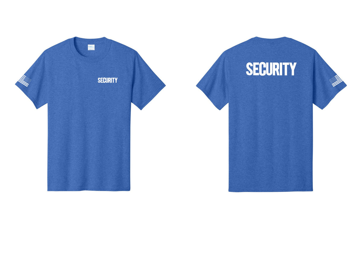 NYC Factory Men's Security Cotton T-Shirt - Chest + Back + US Flag Sleeve - Heather Royal