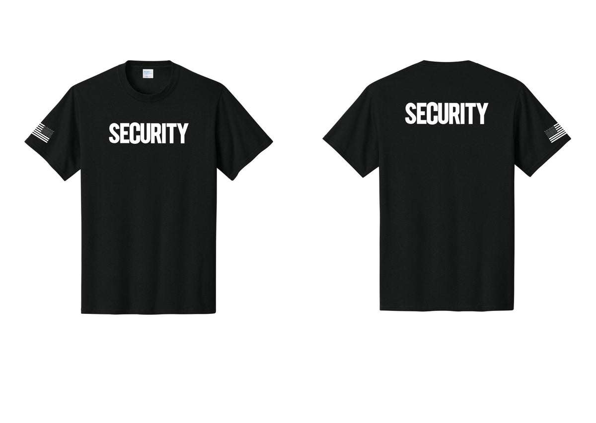 NYC Factory Men's Security Cotton T-Shirt - Front + Back + US Flag Sleeve - Black