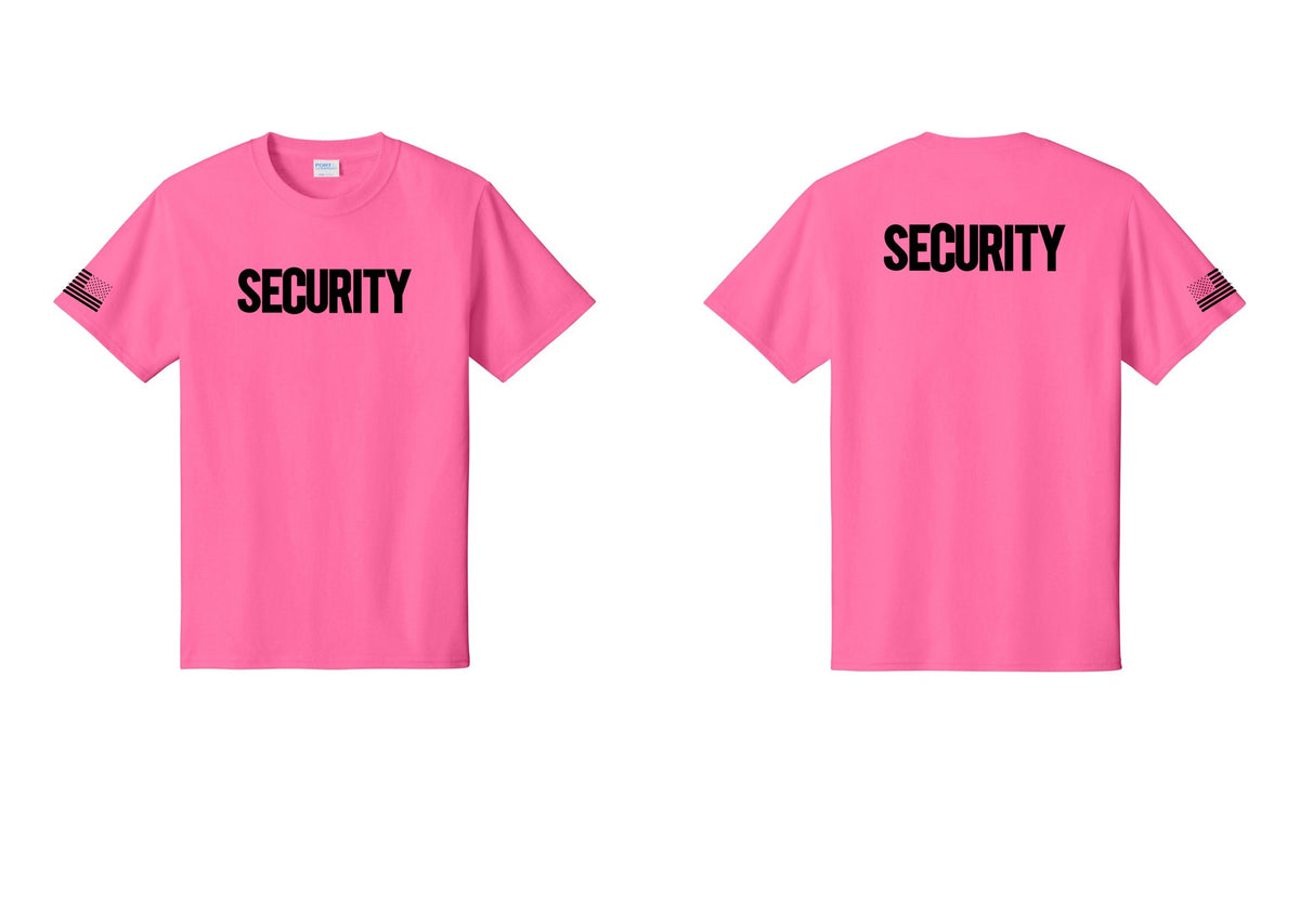 NYC Factory Men's Security Cotton T-Shirt - Front + Back + US Flag Sleeve - Neon Pink