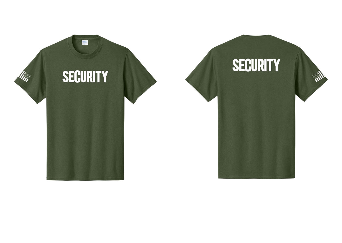 NYC Factory Men's Security Cotton T-Shirt - Front + Back + US Flag Sleeve - Olive