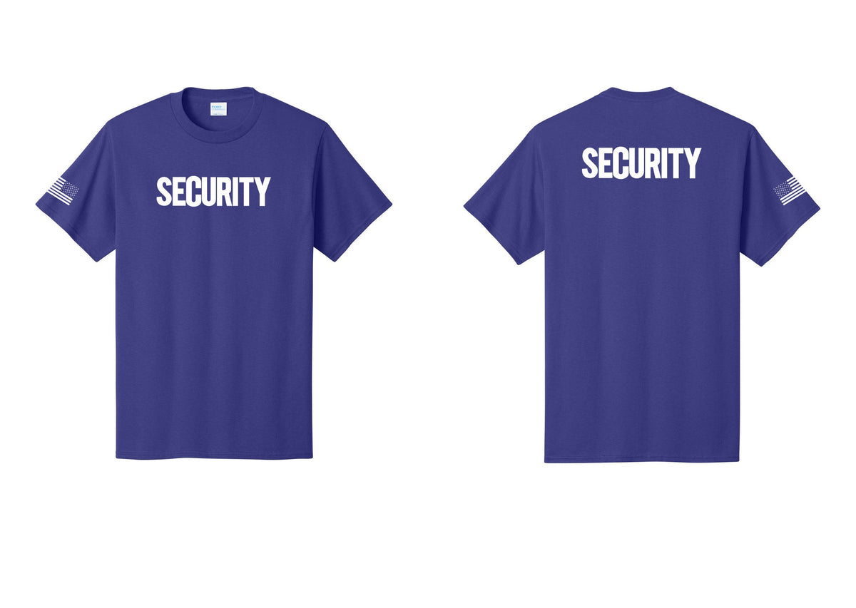 NYC Factory Men's Security Cotton T-Shirt - Front + Back + US Flag Sleeve - Purple