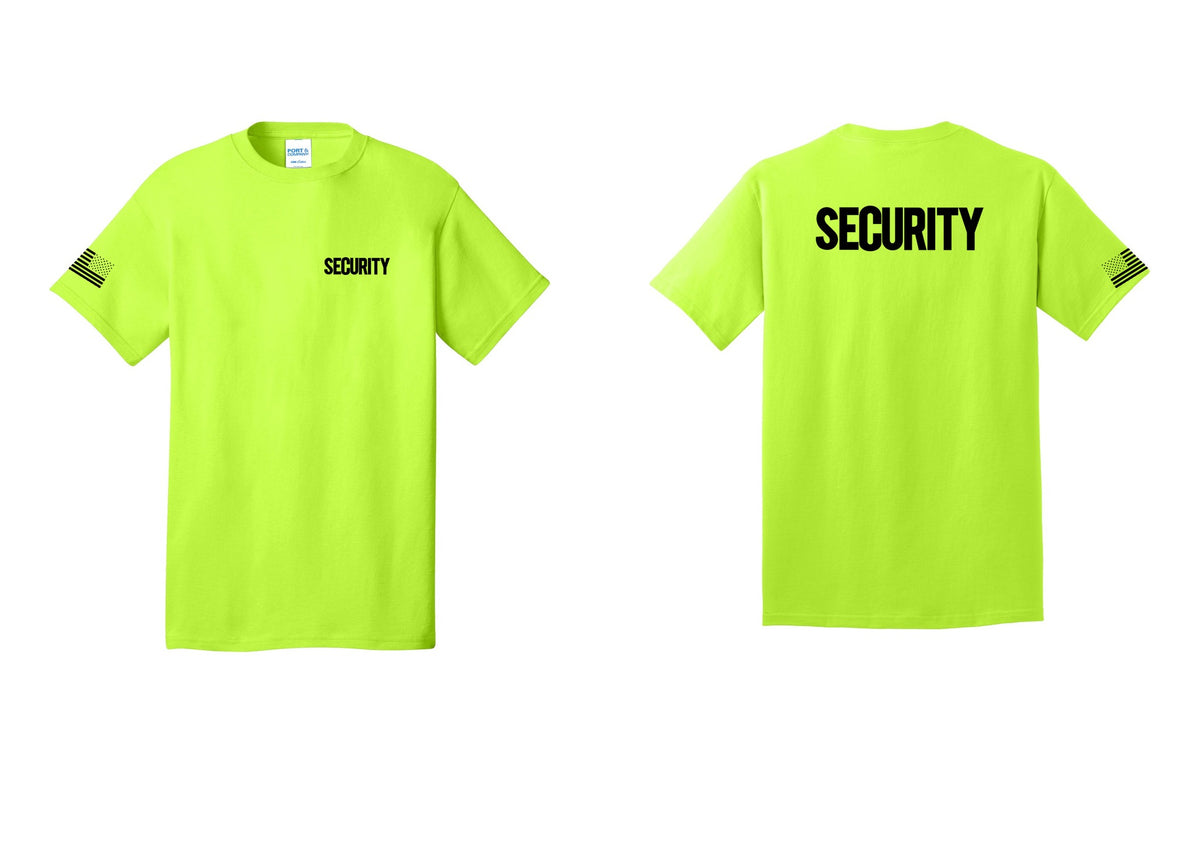 NYC Factory Men's Security Cotton T-Shirt - Chest + Back + US Flag Sleeve - Safety Green
