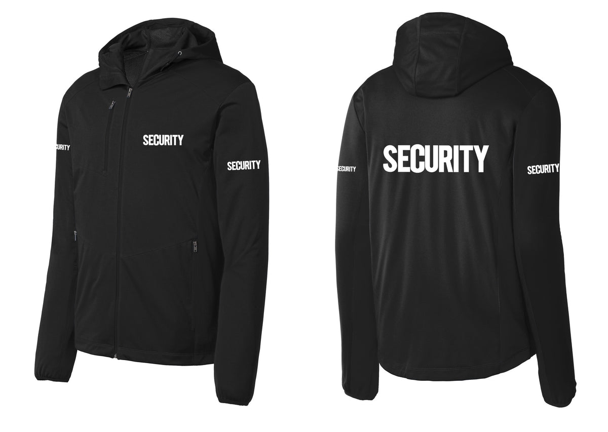 NYC Factory Security Soft Shell Hooded Jacket (Bold) - Chest + Back + Security Sleeves - Deep Black