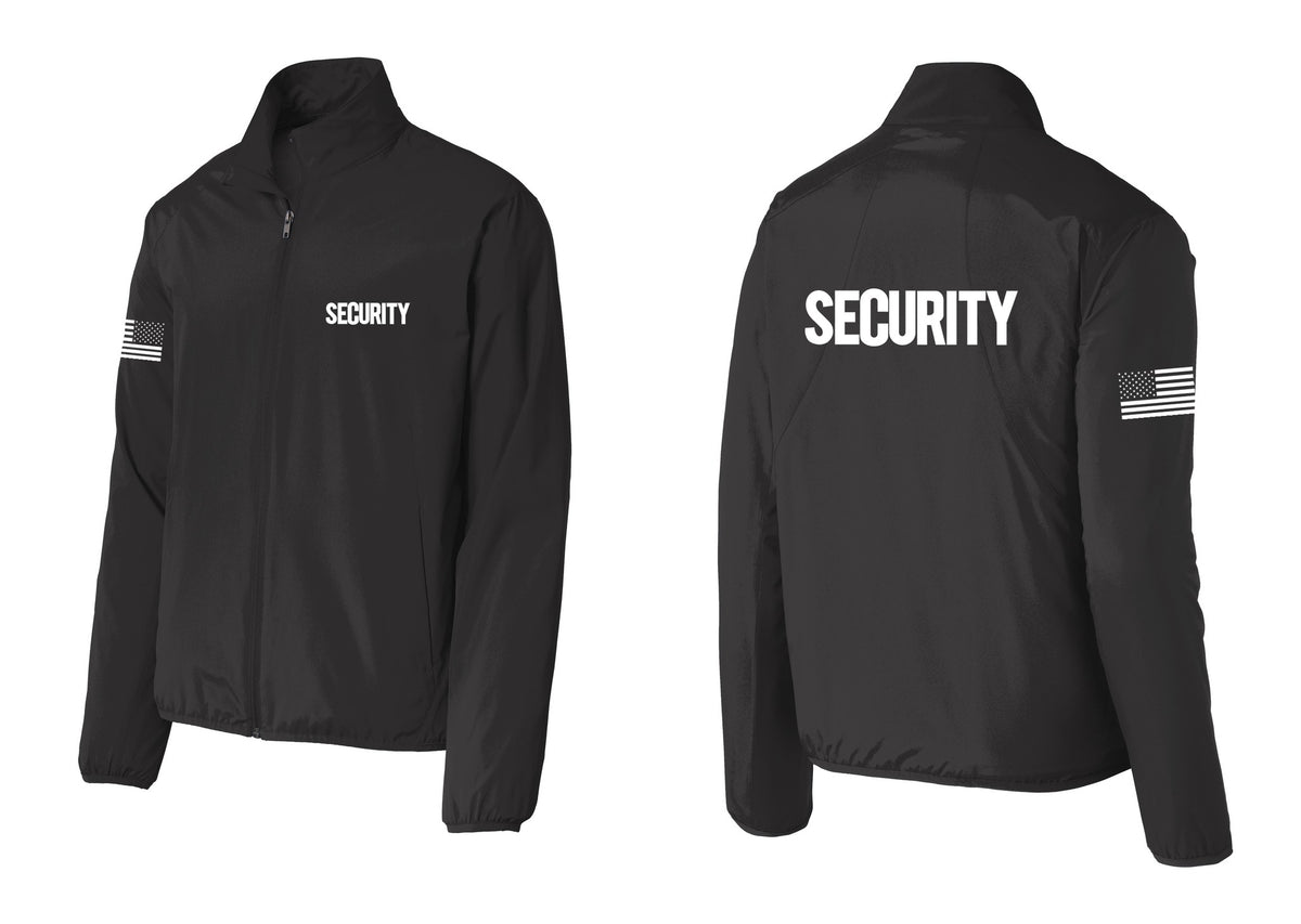 NYC Factory Security Windbreaker Full-Zip Jacket (Bold) - Chest + Back + US Flag Sleeve - Black