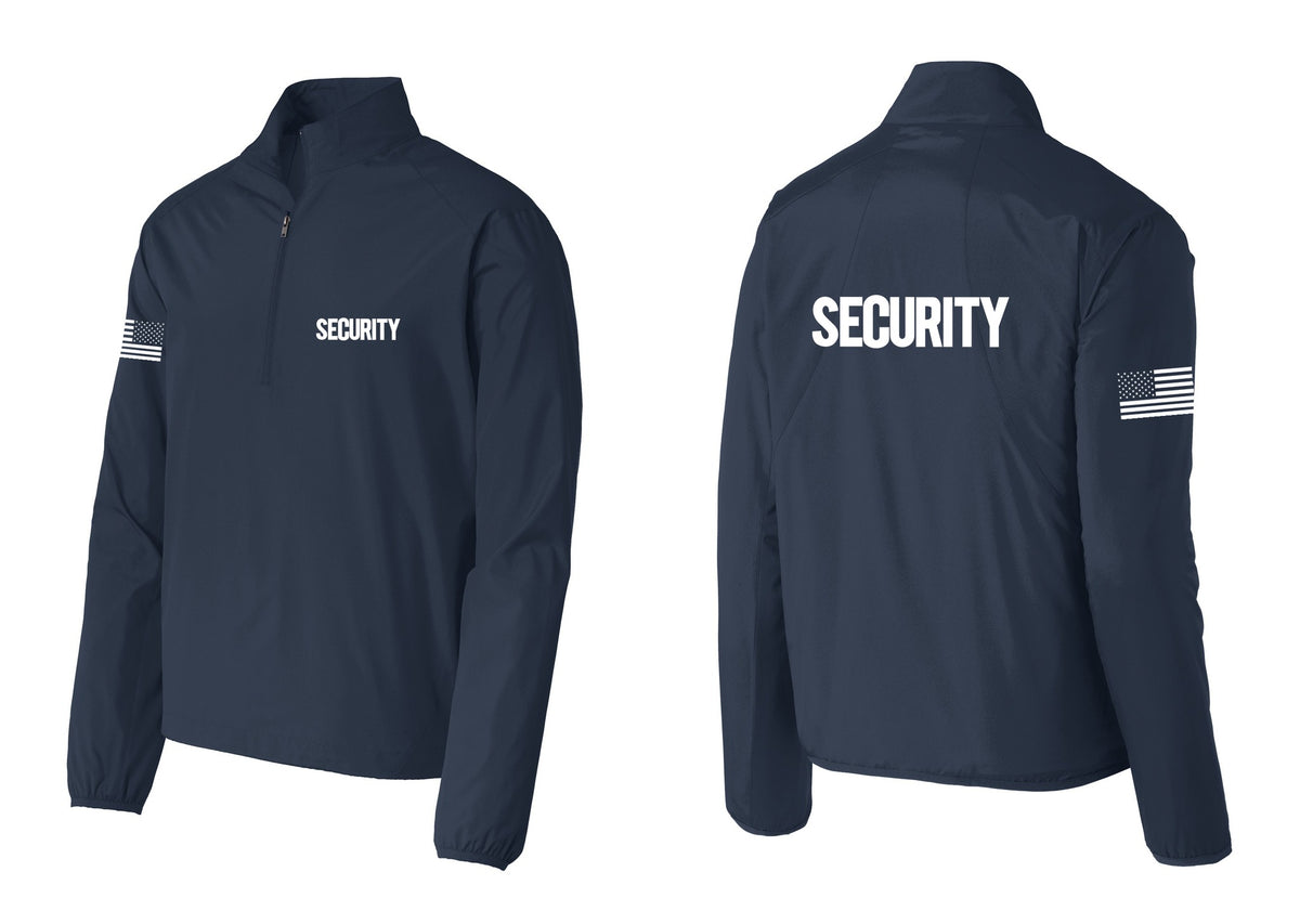 NYC Factory Security Windbreaker 1/2-Zip Pullover (Bold) - Chest + Back + US Flag Sleeve - Dress Blue Navy