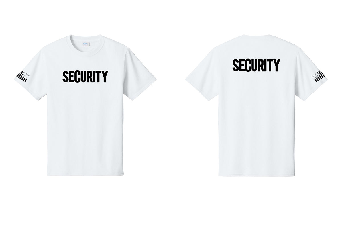 NYC Factory Men's Security Cotton T-Shirt - Front + Back + US Flag Sleeve - White