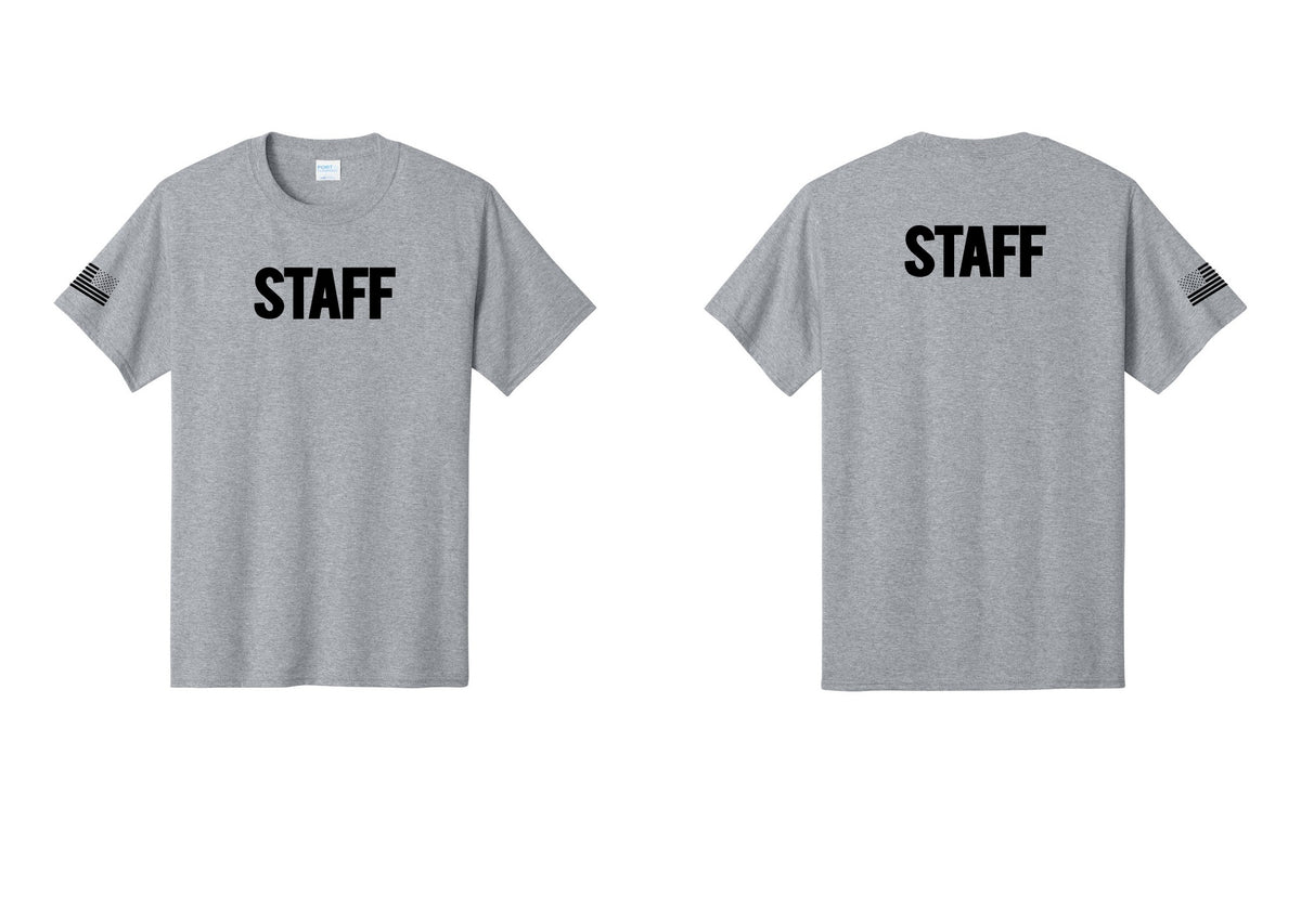 NYC Factory Staff T-Shirt, Bold Lettering - Front + Back + US Flag Sleeve - Athletic Heather
