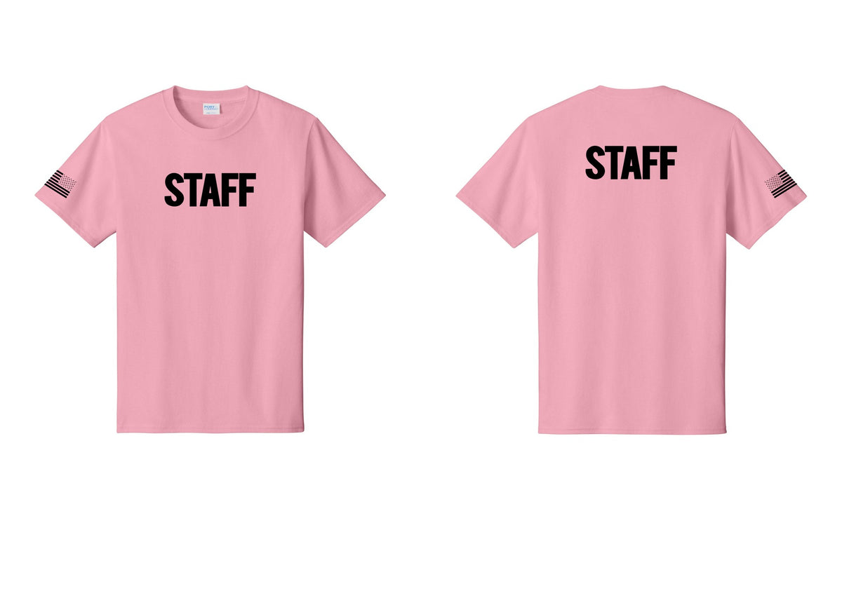 NYC Factory Staff T-Shirt, Bold Lettering - Front + Back + US Flag Sleeve - Candy Pink