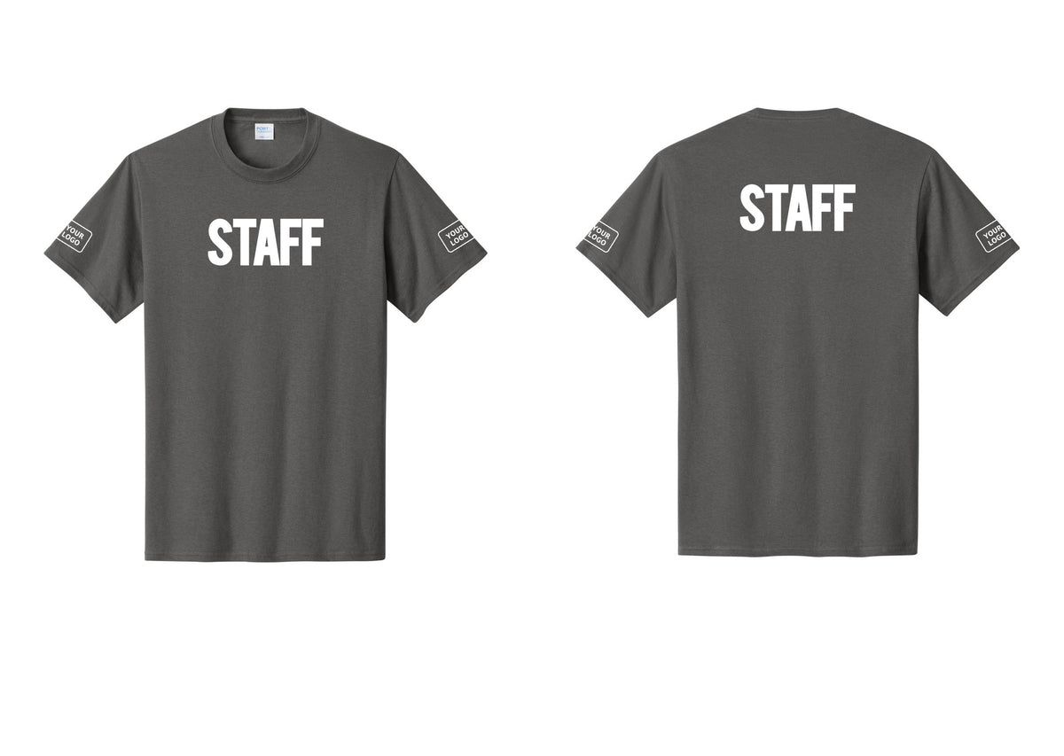 NYC Factory Custom Logo Staff T-Shirt, Bold Lettering - Front + Back + Your Logo Sleeves - Charcoal