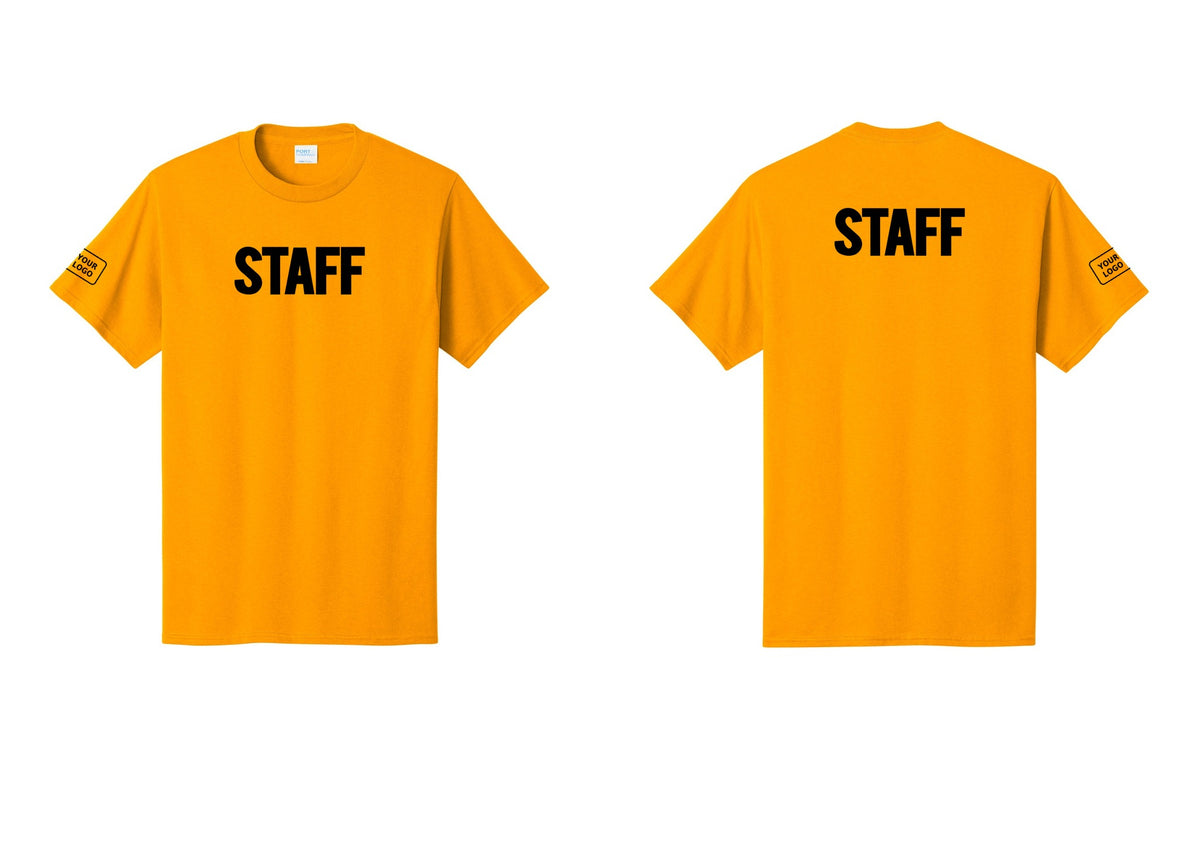 NYC Factory Custom Logo Staff T-Shirt, Bold Lettering - Front + Back + Your Logo Sleeve - Gold