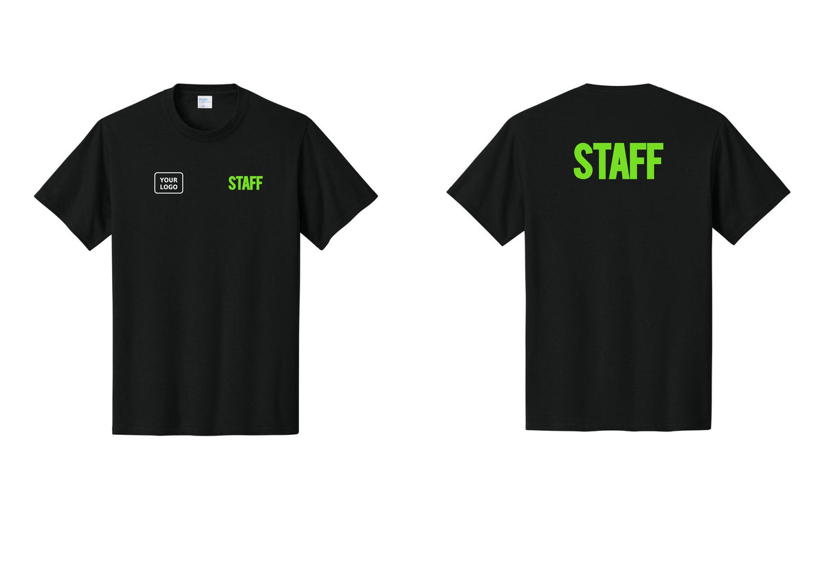 NYC Factory Custom Logo Staff T-Shirt, Bold Lettering - STAFF + Your Logo + Back - Black / Neon