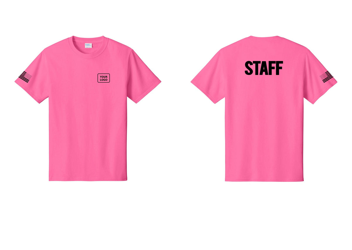 NYC Factory Custom Logo Staff T-Shirt, Bold Lettering - Your Logo + Back + US Flag Sleeve - Neon Pink