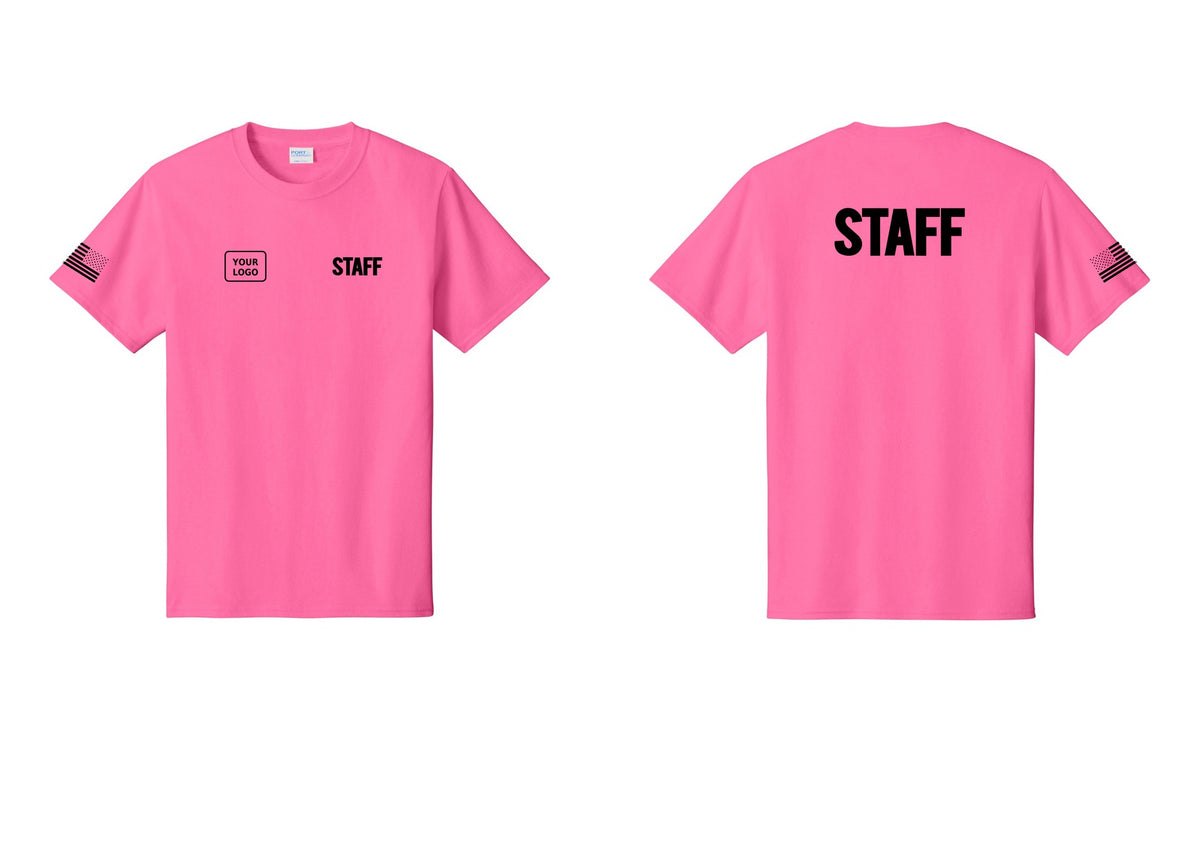 NYC Factory Custom Logo Staff T-Shirt, Bold Lettering - STAFF + Your Logo + Back + US Flag Sleeve - Neon Pink