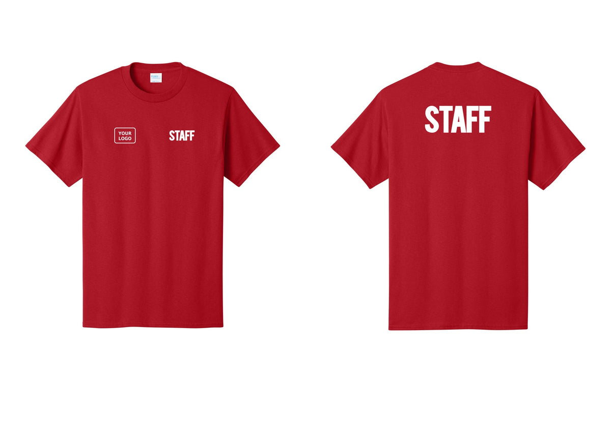 NYC Factory Custom Logo Staff T-Shirt, Bold Lettering - STAFF + Your Logo + Back - Red