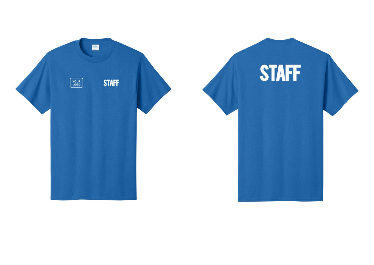 NYC Factory Custom Logo Staff T-Shirt, Bold Lettering - STAFF + Your Logo + Back - Royal
