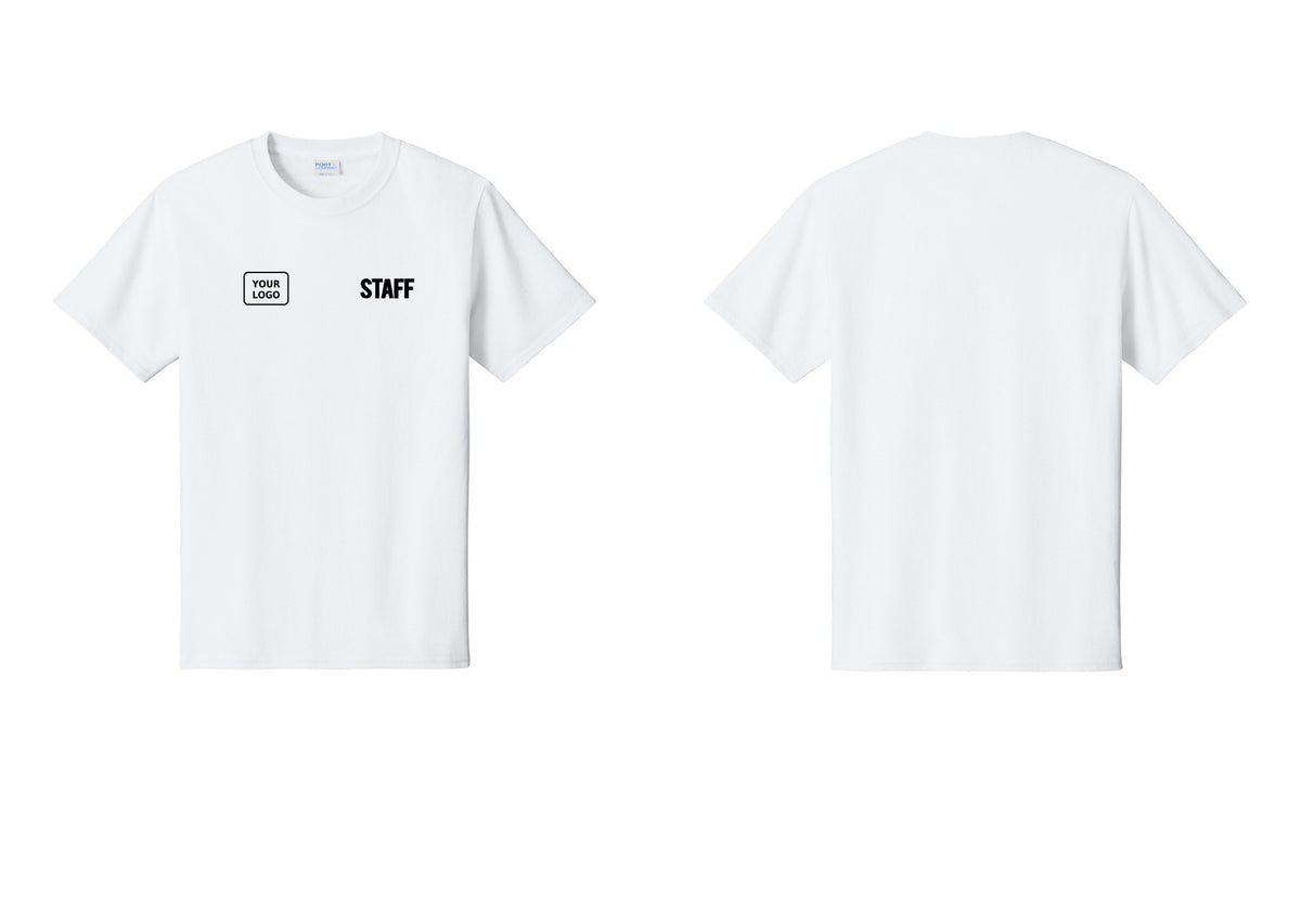 NYC Factory Custom Logo Staff T-Shirt, Bold Lettering - STAFF + Your Logo - White
