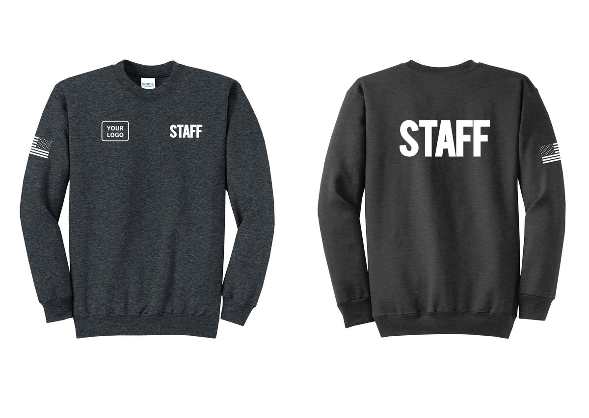 NYC Factory Custom Logo Staff Cotton Fleece Crewneck Sweatshirt (Bold) - STAFF + Your Logo + Back + US Flag Sleeve - Dark Heather Grey