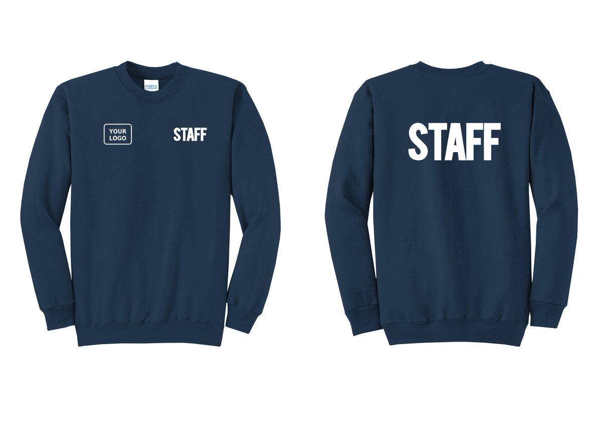 NYC Factory Custom Logo Staff Cotton Fleece Crewneck Sweatshirt (Bold) - STAFF + Your Logo + Back - Navy