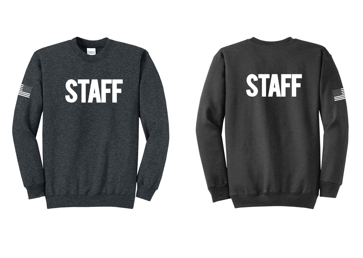NYC Factory Staff Cotton Fleece Crewneck Sweatshirt (Bold) - Front + Back + US Flag Sleeve - Dark Heather Grey