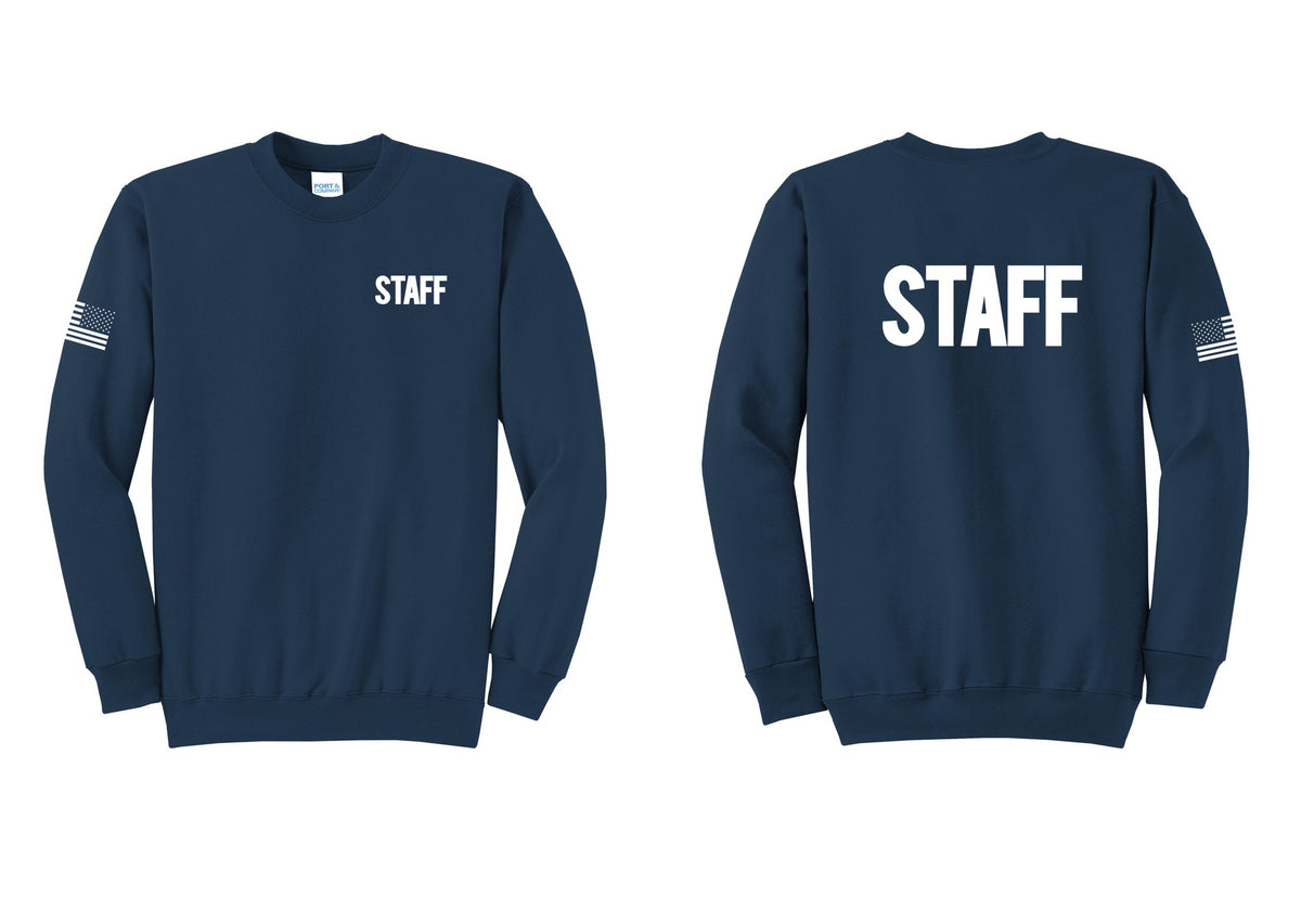 NYC Factory Staff Cotton Fleece Crewneck Sweatshirt (Bold) - Chest + Back + US Flag Sleeve - Navy