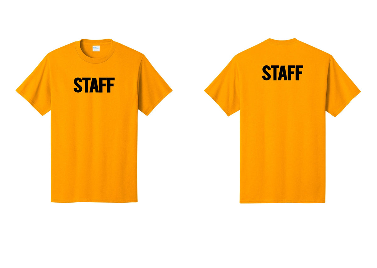 NYC Factory Staff T-Shirt, Bold Lettering - Front + Back - Gold