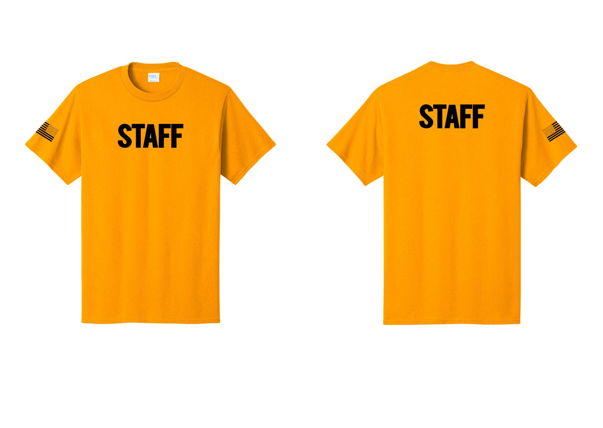 NYC Factory Staff T-Shirt, Bold Lettering - Front + Back + US Flag Sleeve - Gold