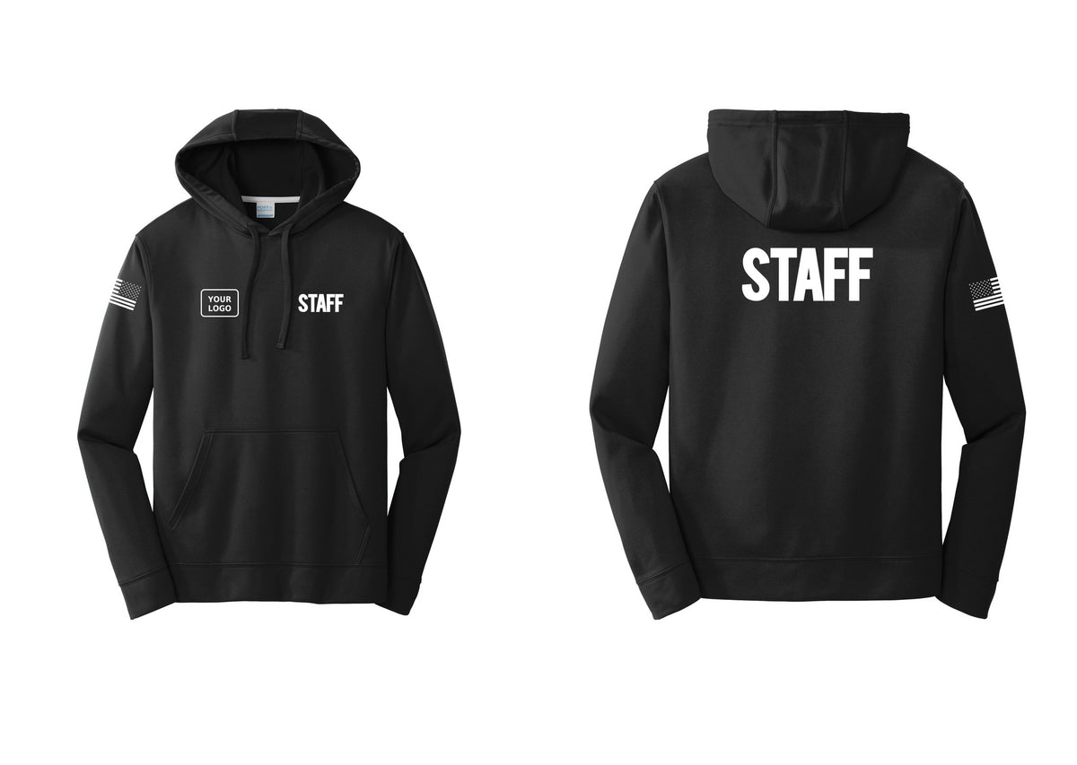 NYC Factory Custom Logo Staff Performance Hooded Fleece Pullover Sweatshirt (Bold) - STAFF + Your Logo + Back + US Flag Sleeve - Black