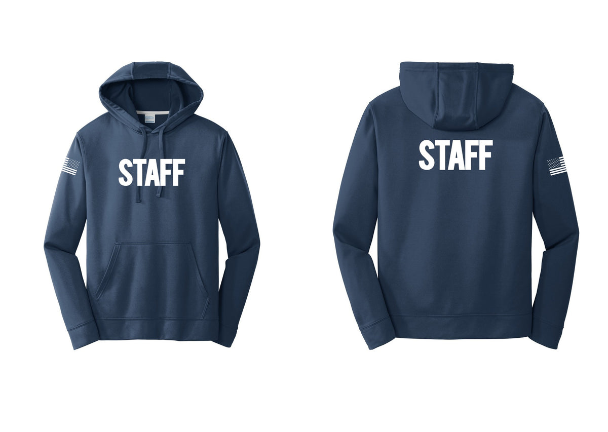 NYC Factory Staff Performance Hooded Fleece Pullover Sweatshirt (Bold) - Front + Back + US Flag Sleeve - Navy