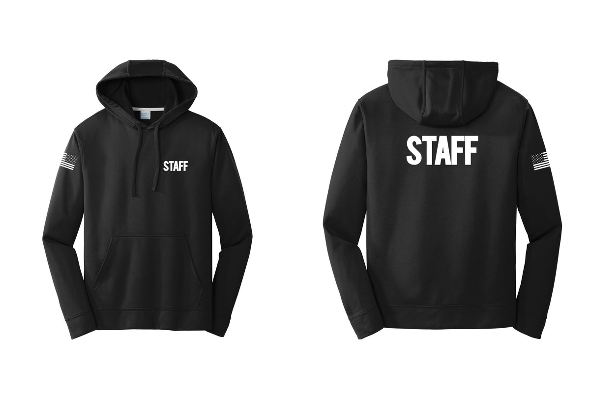 NYC Factory Staff Performance Hooded Fleece Pullover Sweatshirt (Bold) - Chest + Back + US Flag Sleeve - Black