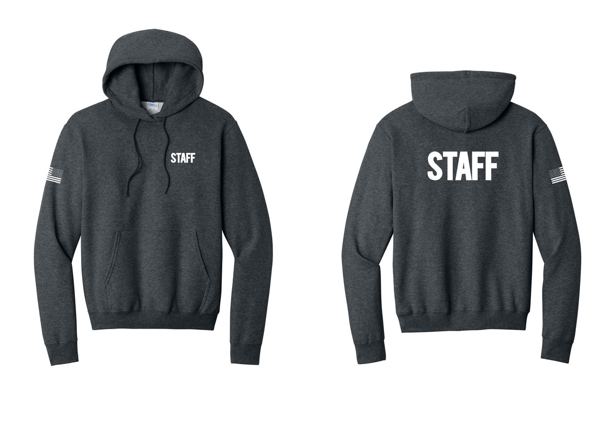 NYC Factory Staff Cotton Fleece Pullover Hoodie (Bold) - Chest + Back + US Flag Sleeve - Dark Heather Grey