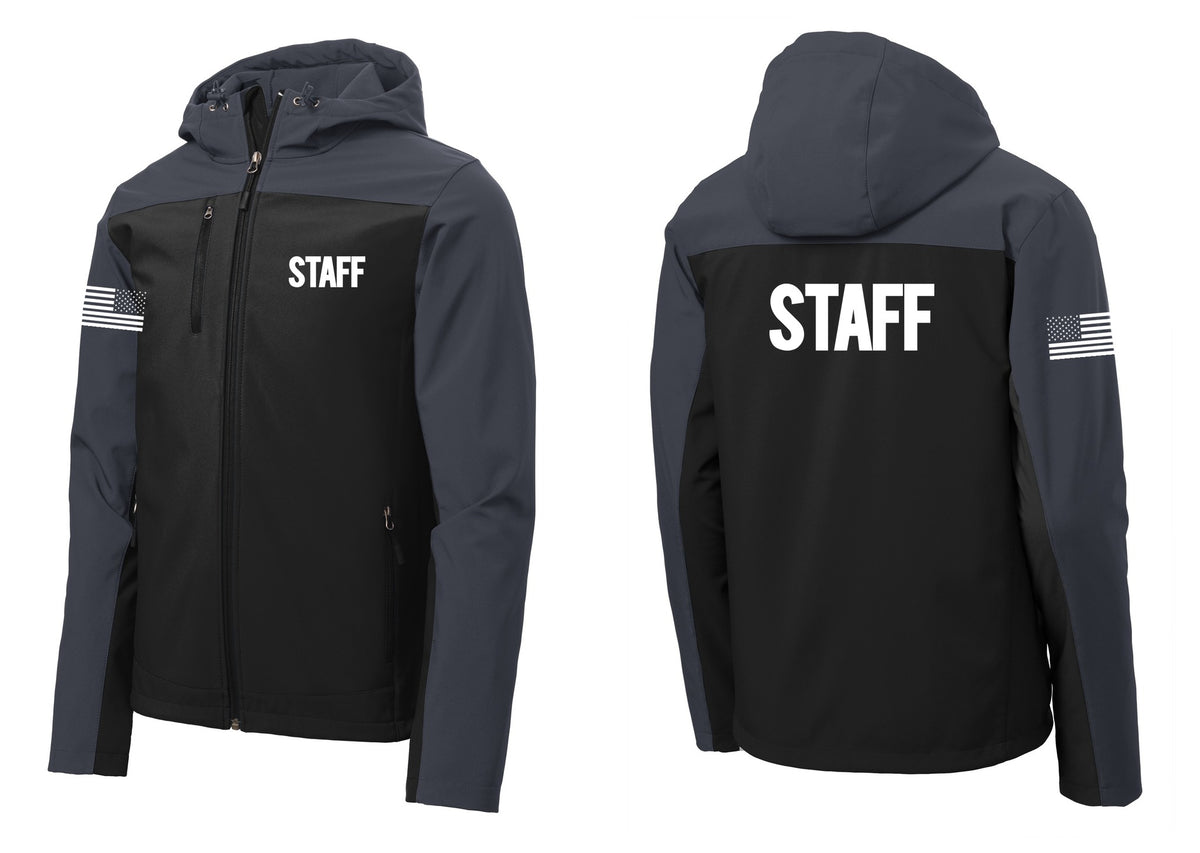 NYC Factory Staff Hooded Soft Shell Jacket (Bold) - Chest + Back + US Flag Sleeve - Black / Battleship Grey