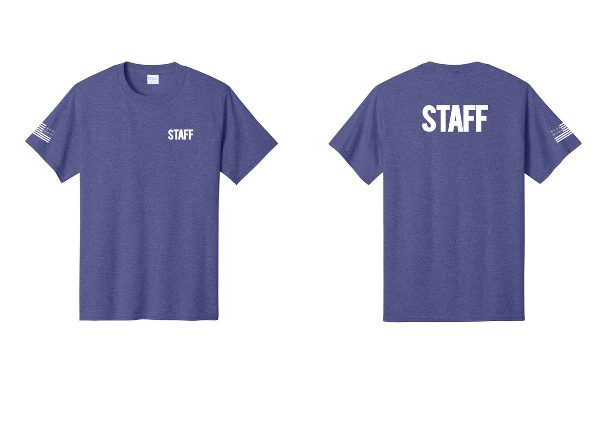 NYC Factory Staff T-Shirt, Bold Lettering - Chest + Back + US Flag Sleeve - Heather Purple