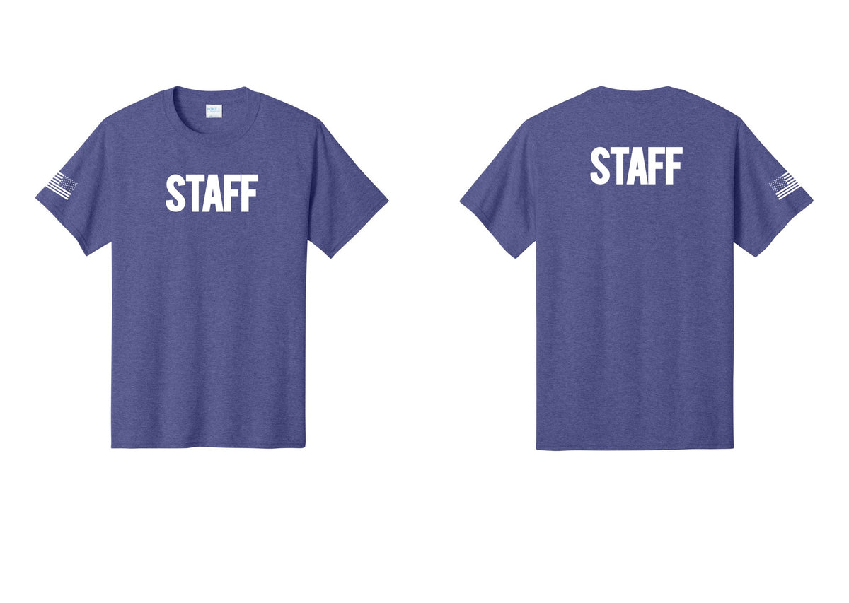 NYC Factory Staff T-Shirt, Bold Lettering - Front + Back + US Flag Sleeve - Heather Purple