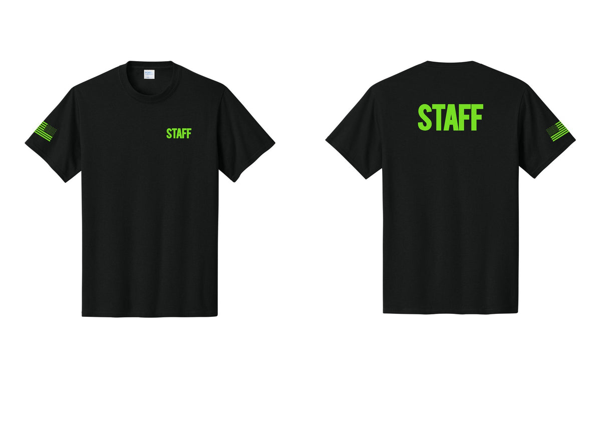 NYC Factory Staff T-Shirt, Bold Lettering - Chest + Back + US Flag Sleeve - Black / Neon