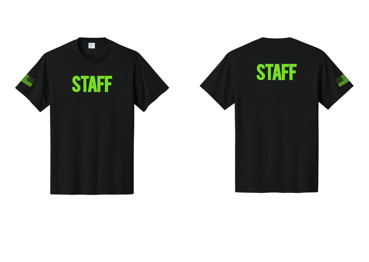 NYC Factory Staff T-Shirt, Bold Lettering - Front + Back + US Flag Sleeve - Black / Neon