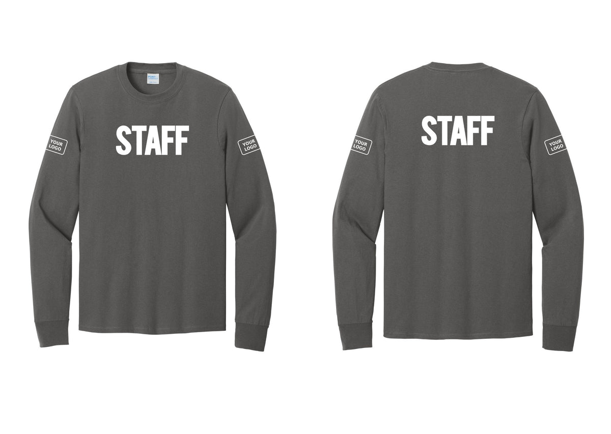 NYC Factory Custom Logo Staff Cotton Long Sleeve T-Shirt (Bold) - Front + Back + Your Logo Sleeves - Charcoal