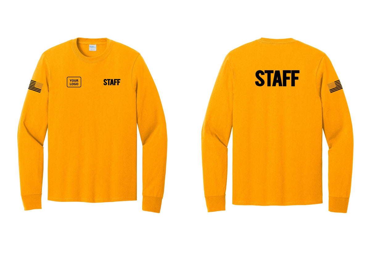 NYC Factory Custom Logo Staff Cotton Long Sleeve T-Shirt (Bold) - STAFF + Your Logo + Back + US Flag Sleeve - Gold