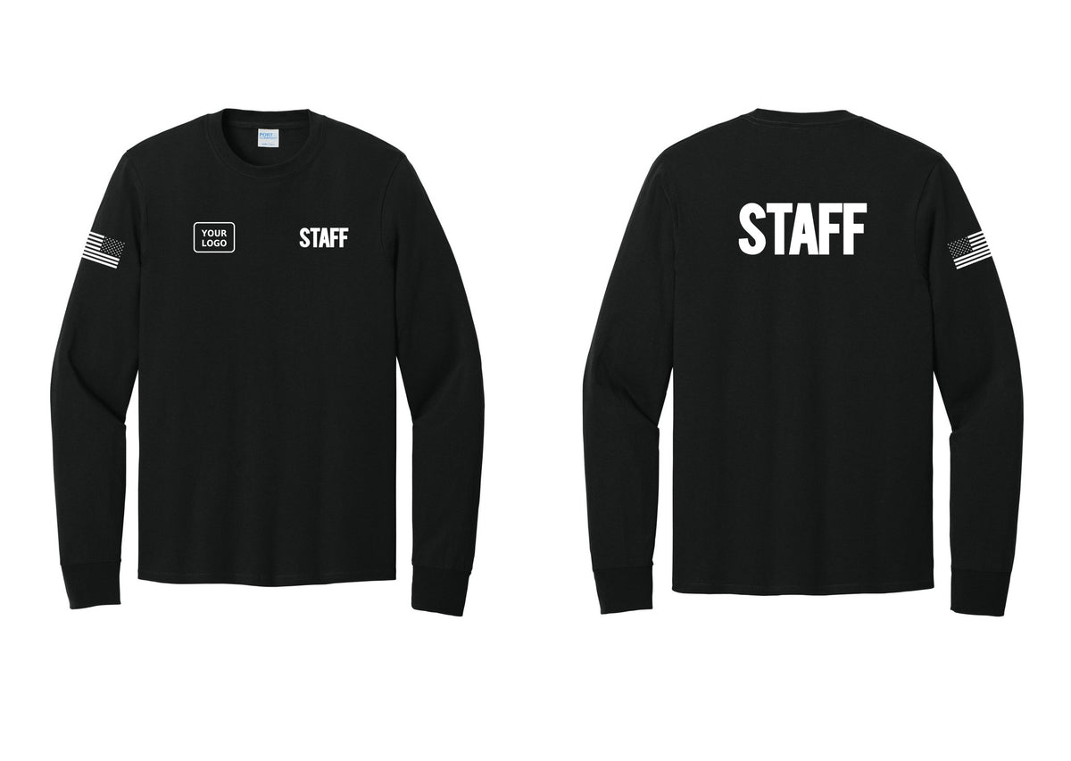 NYC Factory Custom Logo Staff Cotton Long Sleeve T-Shirt (Bold) - STAFF + Your Logo + Back + US Flag Sleeve - Black