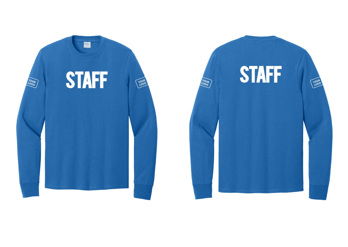NYC Factory Custom Logo Staff Cotton Long Sleeve T-Shirt (Bold) - Front + Back + Your Logo Sleeves - Royal