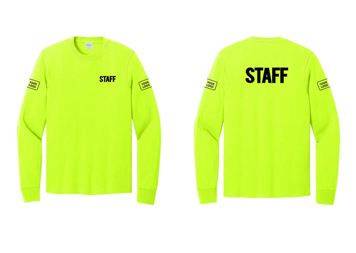 NYC Factory Custom Logo Staff Cotton Long Sleeve T-Shirt (Bold) - Chest + Back + Your Logo Sleeves - Safety Green