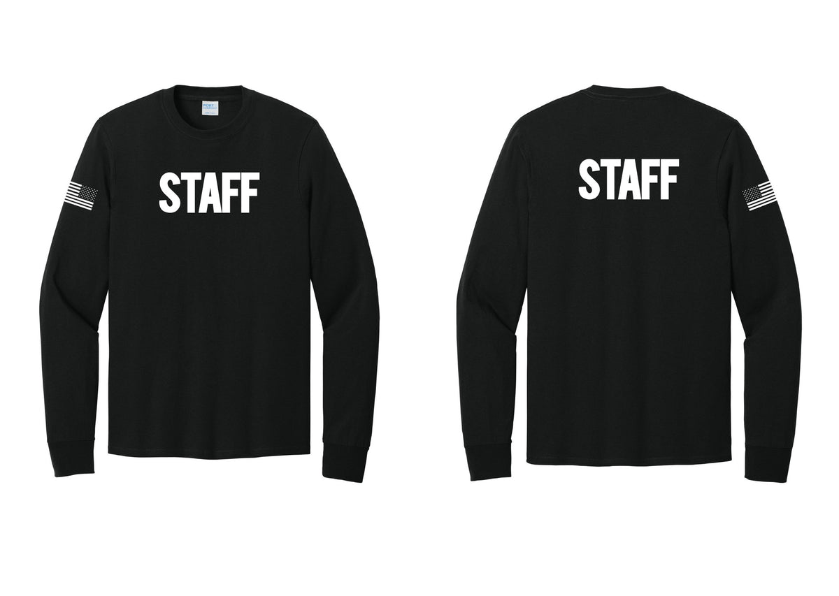 NYC Factory Staff Cotton Long Sleeve T-Shirt (Bold) - Front + Back + US Flag Sleeve - Black