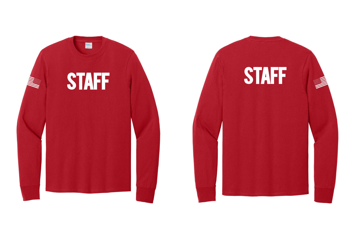 NYC Factory Staff Cotton Long Sleeve T-Shirt (Bold) - Front + Back + US Flag Sleeve - Red