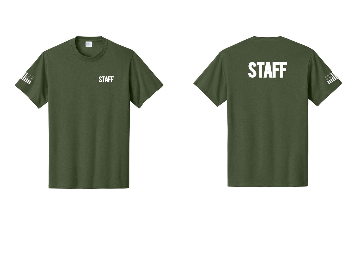 NYC Factory Staff T-Shirt, Bold Lettering - Chest + Back + US Flag Sleeve - Olive