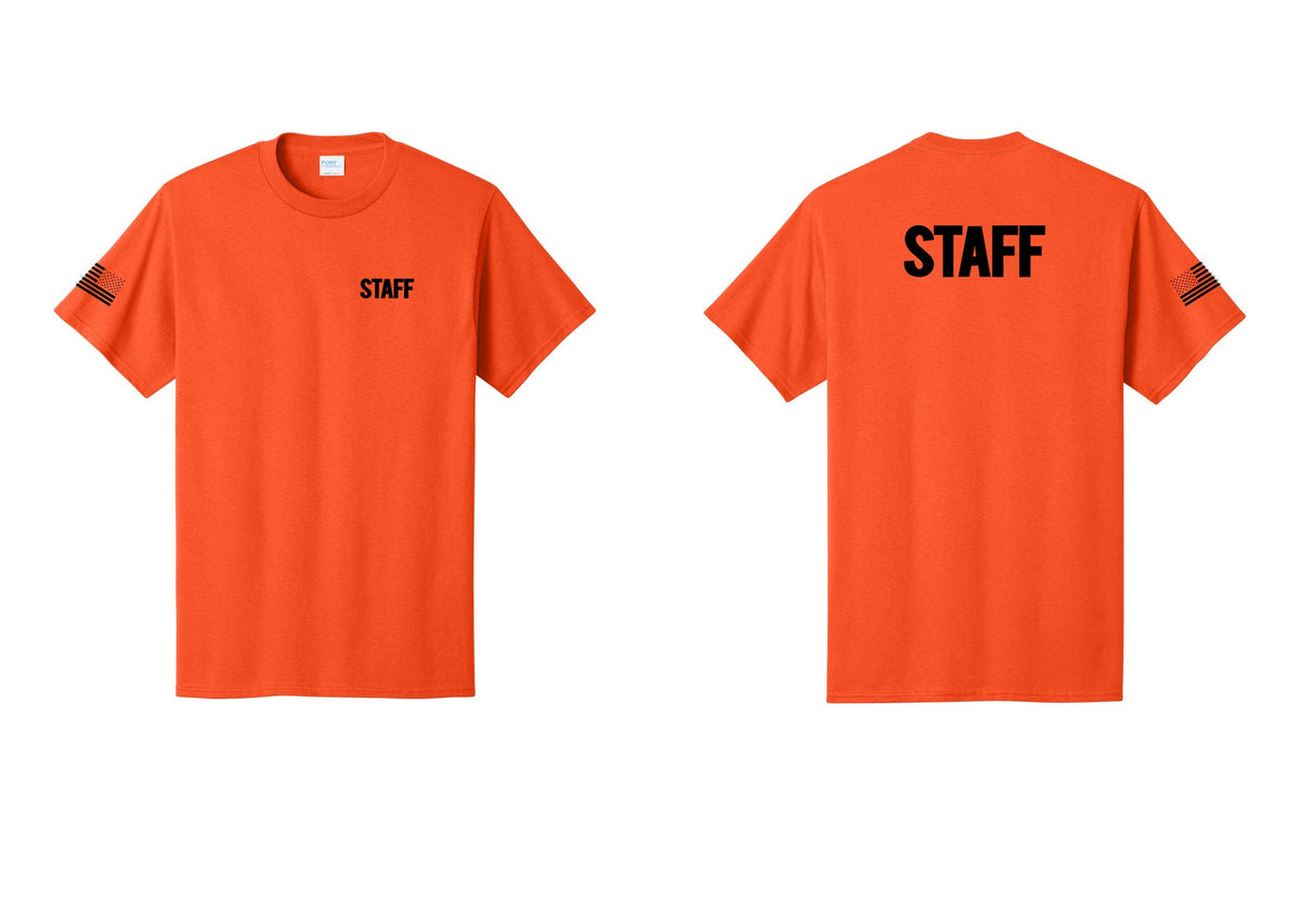 NYC Factory Staff T-Shirt, Bold Lettering - Chest + Back + US Flag Sleeve - Orange