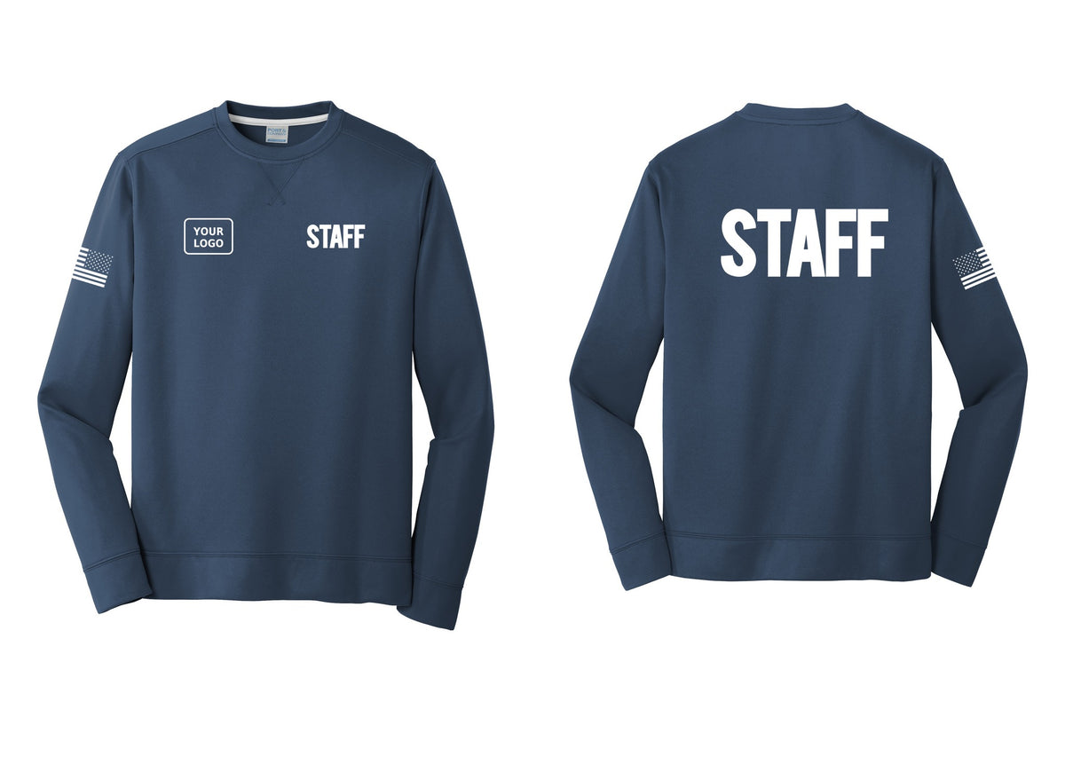 NYC Factory Custom Logo Staff Performance Fleece Crewneck Sweatshirt (Bold) - STAFF + Your Logo + Back + US Flag Sleeve - Navy