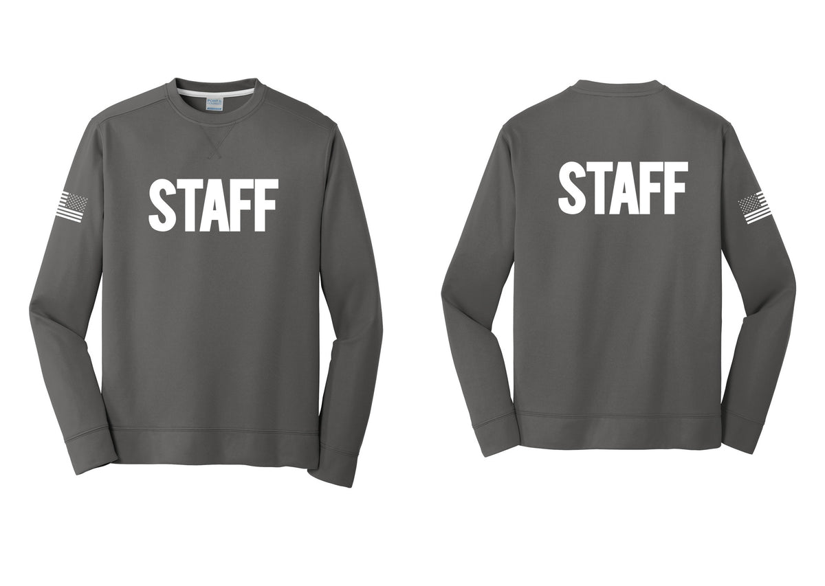 NYC Factory Staff Performance Fleece Crewneck Sweatshirt (Bold) - Front + Back + US Flag Sleeve - Charcoal