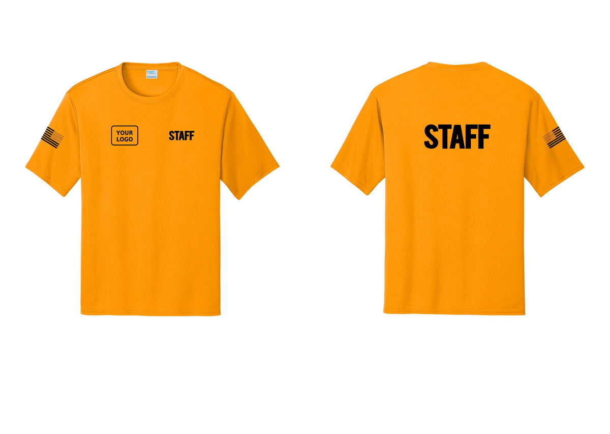 NYC Factory Custom Logo Staff Performance T-Shirt (Bold) - STAFF + Your Logo + Back + US Flag Sleeve - Gold